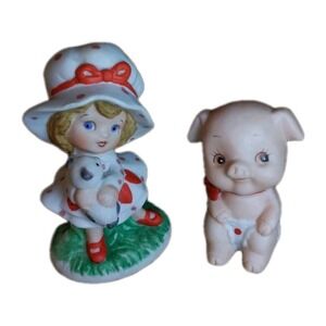 Vtg. Miniature Lefton Valentines Day Porcelain Figurines Girl w/Puppy, Baby Pig